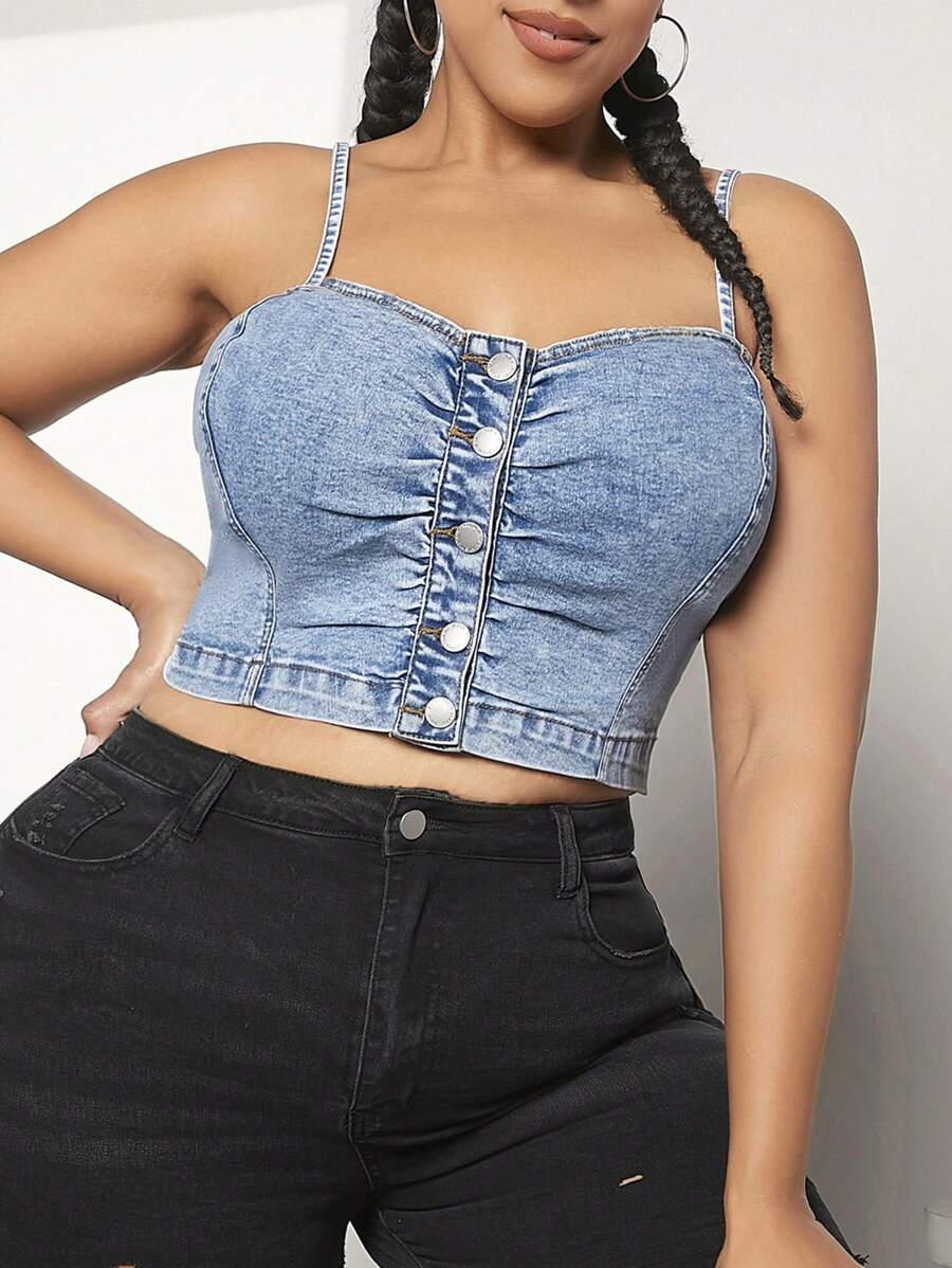 SHEIN CURVE+ 女士大尺碼牛仔無袖吊帶背心 - 中等水洗藍 - 查看 1