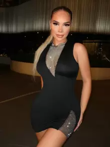 Zolique Vestido De Malla Sin Mangas Con Aplicación De Red Adornada Con Diamantes De Imitación - Negro - Ver 4