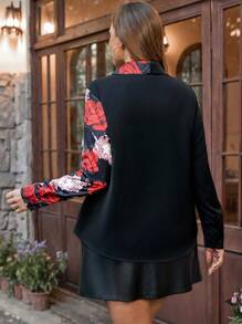 SHEIN Clasi Plus Size Women's Flower Printed Long Sleeve Shirt - Black - View 2