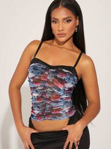 Hauture Floral Print Lace Trim Ruched Top - Multicolor - View 1