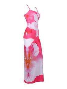Women's Floral Printed Spaghetti Strap Dress - Pink - View 3