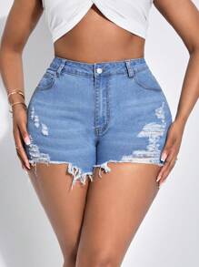 SHEIN SXY Women'S Plus Size Stretchy Tight Ripped High Waisted Denim Shorts