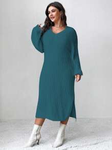 Celure Plus Size V Neck High Slit Side Sweater Dress (Belt Not Included) - Teal Blue - View 4