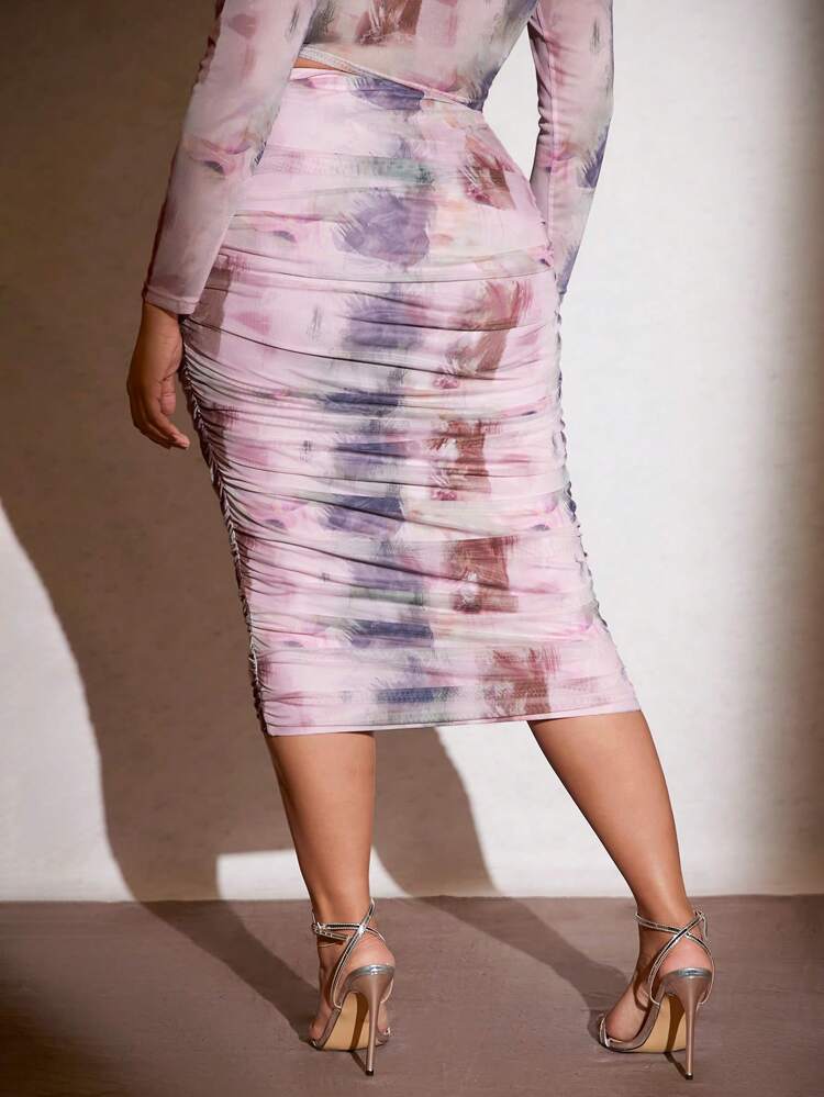 Women's Plus Size Mesh Printed Pleated Elastic Bodycon Skirt
