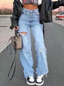 高腰破洞美式休闲女式牛仔裤