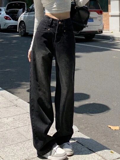 寬鬆直筒牛仔褲，口袋設計，女式長拖褲