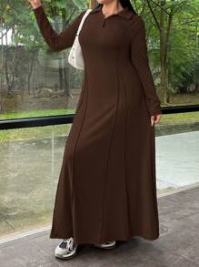 SHEIN EZwear Women's Plus Size Solid Color Button Front Half Placket Bodycon Dress - Brown - View 4