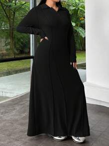 SHEIN EZwear 大码女式黑色长袖Polo领休闲连衣裙 - 黑色 - 查看 5