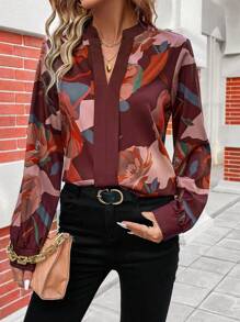 SHEIN Clasi Women's Floral Print Notched Collar Blouse - Burgundy - View 1