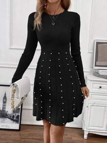 SHEIN Clasi 女士珍珠釘織毛衣連衣裙 - 黑色 - 查看 6