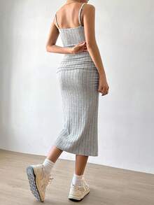 SHEIN EZwear 女式純色肋插褶垂墜背心裙 - 灰色 - 查看 5