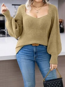 SHEIN LUNE 大尺碼甜心領氣球袖套頭毛衣 - 卡其色 - 查看 1