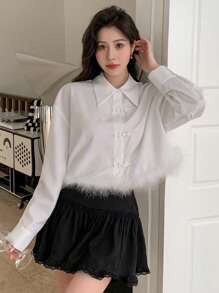 DAZY Women's Asymmetrical Hem Patchwork Drop Shoulder Long Sleeve Shirt,Fall Clothes - White - View 4