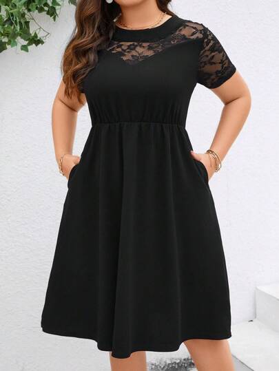 SHEIN Clasi Plus Size Elegant Women'S Patchwork Lace Short Sleeve Dress