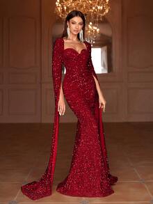 Faeriesty 甜心领超长袖亮片美人鱼连衣裙 - 紅色 - 查看 3