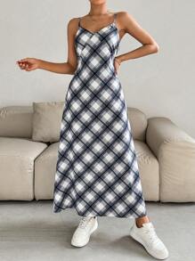 SHEIN Essnce Plaid Cami Long Casual Spring Dress - Blue - View 1