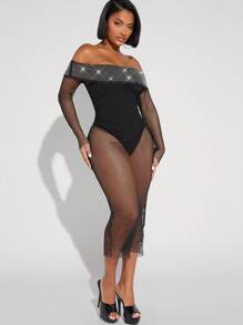 Hauture Váy hở vai lưới đính đá - màu đen - Xem 6