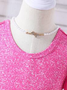 SHEIN Little Girls' Puff Sleeve Mesh Splicing Bodysuit - Hot Pink - View 3