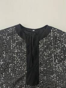 大码深 V 领短袖亮片优雅衬衫 - 黑色 - 查看 5