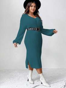 Celure Plus Size V Neck High Slit Side Sweater Dress (Belt Not Included) - Teal Blue - View 3