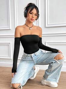 SHEIN Unity Women's Solid Color Off Shoulder Bodysuit - Black - View 4