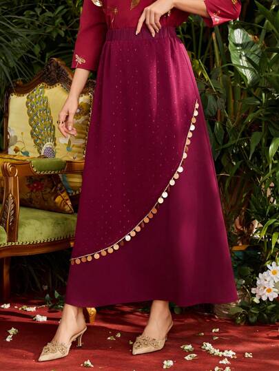 Al Najma Burgundy Red Women'S Metallic Sequin Decoration Wrapped Bodycon Skirt