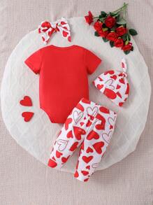 Baby Girl Love Message Short Sleeve Romper & Pants Sleepwear Set With Cap And Headband - Red - View 2