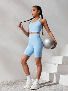 SHEIN Teenage Girls' Knitted Stripe Halter Top And Shorts Sports Set