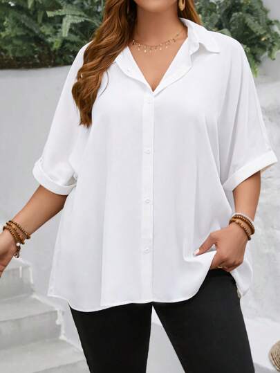 EMERY ROSE 春季款大尺寸女裝白色鈕扣前卷起袖子的優雅襯衫