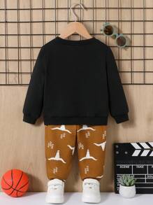 SHEIN Baby Boys' Cartoon Animal Patterned Sweater And Jogger Pants Two Piece Set With Round Neck And Regular Shoulder - Black - View 3