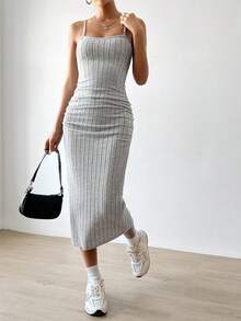 SHEIN EZwear 女式純色肋插褶垂墜背心裙 - 灰色 - 查看 4