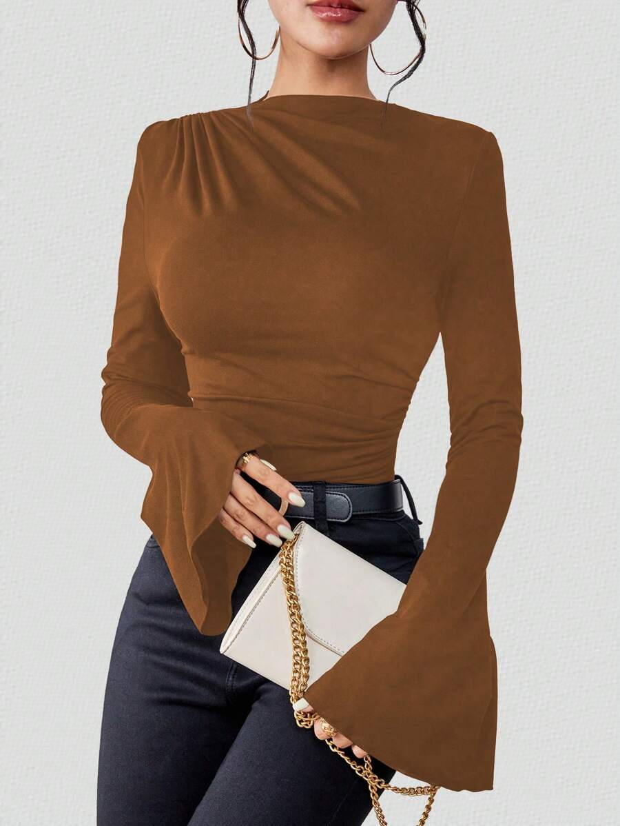 Chiquease 褶襉細節喇叭袖 T 卹 - 咖啡棕 - 查看 1