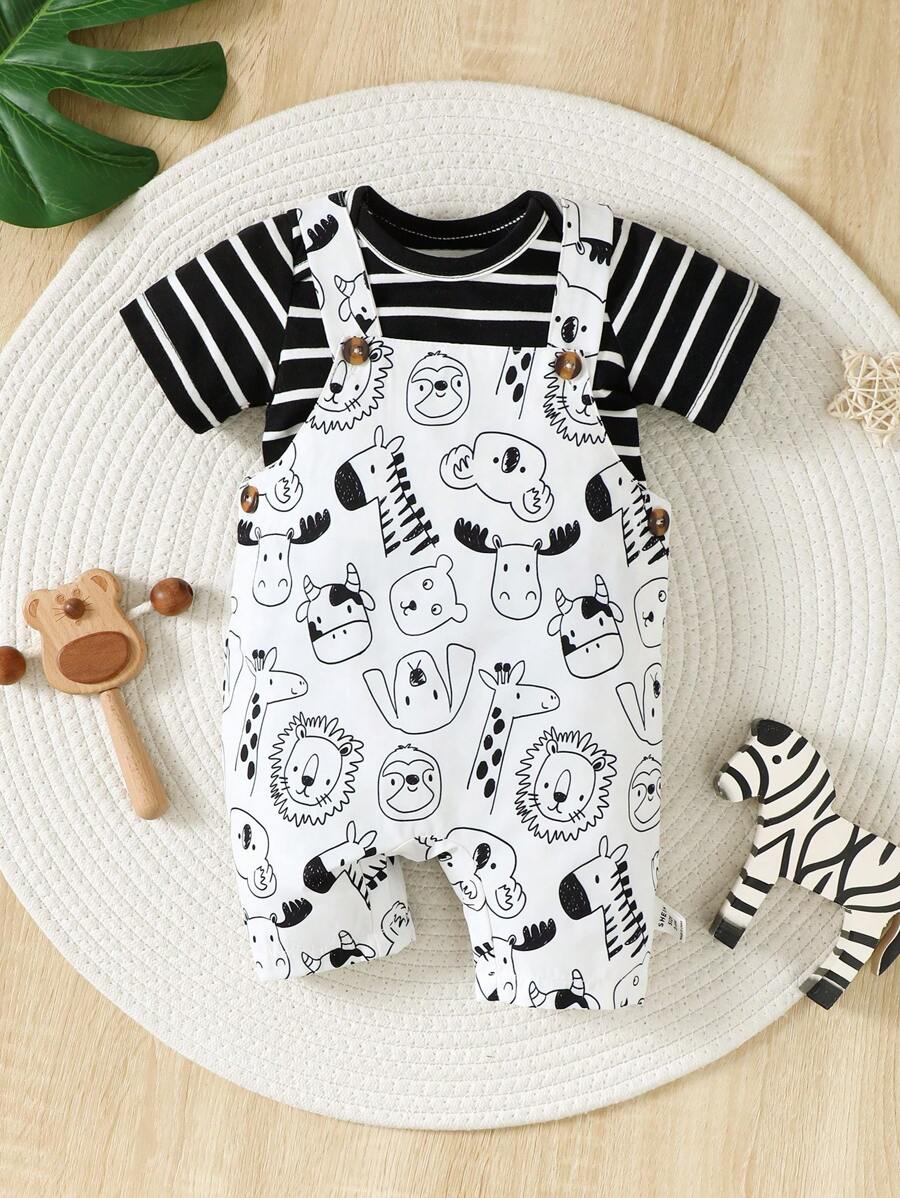 SHEIN Bộ đồ liền thân thoải mái và bộ quần short vải thô in hình động vật dễ thương cho bé trai sơ sinh cho mùa hè - Đen và trắng - Xem 1