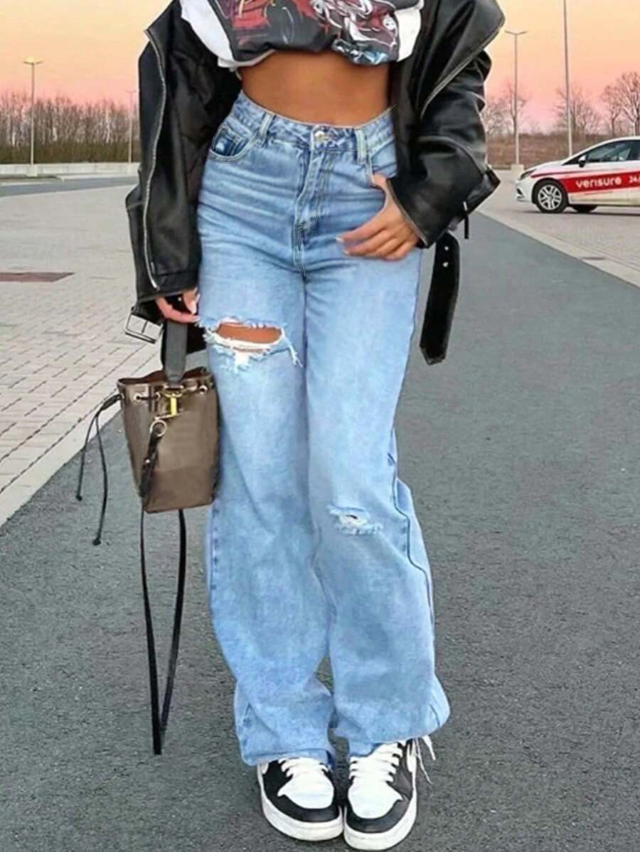 高腰破洞美式休闲女式牛仔裤