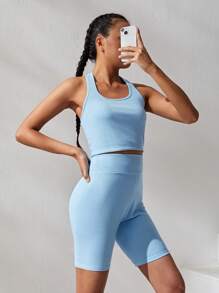 SHEIN Teenage Girls' Knitted Stripe Halter Top And Shorts Sports Set