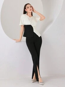 Modelyn Conjunto Para Mujer De Top Plisado De Bloques De Color Y Pantalones Con Dobladillo Dividido - Multicolor - Ver 5