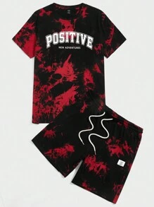 Manfinity RebelGame 男士水洗織帶短袖t-shirt和抽繩腰短褲2件套裝 - 彩色 - 查看 1