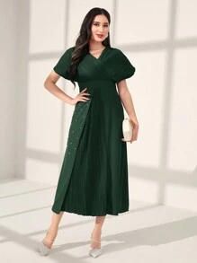 Seusyu Women's Batwing Short Sleeve Patchwork Pleated Dress - Dark Green - View 6