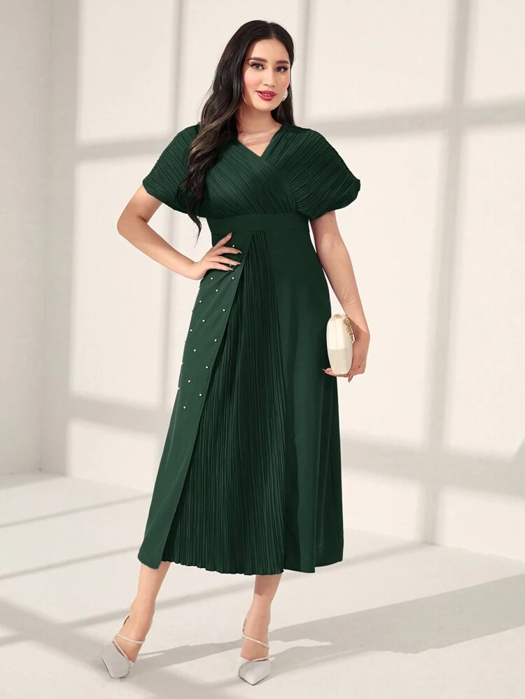 Women's Batwing Short Sleeve Patchwork Pleated Dress