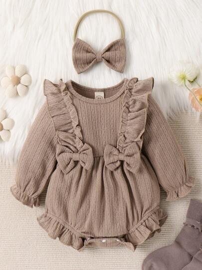 Baby Girl Ruffle Trim Flare Sleeve Bow Front Bodysuit & Headband