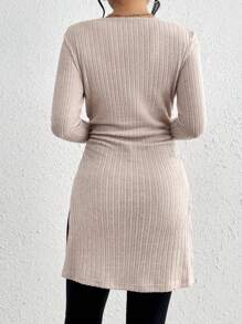 SHEIN Frenchy 女士純色肋紋針織側分t恤 - 杏色 - 查看 2