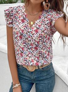 SHEIN Frenchy Áo cánh tay bồng cổ chữ V in họa tiết hoa và sóng mùa hè dành cho nữ, phong cách Old Money, trang phục giáo viên, thường ngày cho nữ - Nhiều màu - Xem 1