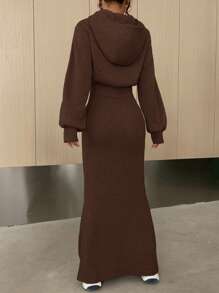 SHEIN EZwear Ladies' Solid Color Tight Cami Dress And Hooded Jacket Two-Piece Set - Brown - View 2