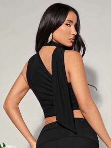 SHEIN BAE Women'S Asymmetrical Collar Mesh Splice Sleeveless Top,Ladies Casual,Sexy Asymmetrical,Contrast Mesh,Ruched Asymmetrical Neck Slim Fit Black Plain Women Tops,Spring/Summer,Casual Daily Wear,Valentine's Day,Valentine Outfits For Women - Black - View 5