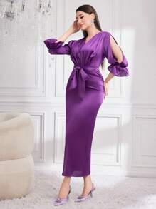 Modelyn Đầm trước xẻ vai cổ chữ V màu trơn màu trơn cho nữ - Màu tím - Xem 6