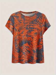 Hàng mới đến Của phụ nữ Giải trí Retro Bản in lá Vòng cổ Ngắn tay Áo thun - Nhiều màu - Xem 4