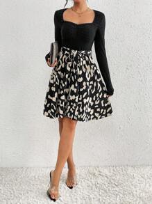 SHEIN Frenchy Của phụ nữ Người yêu Đường viền cổ áo In Đầm Với Thắt Lưng - Nhiều màu - Xem 6