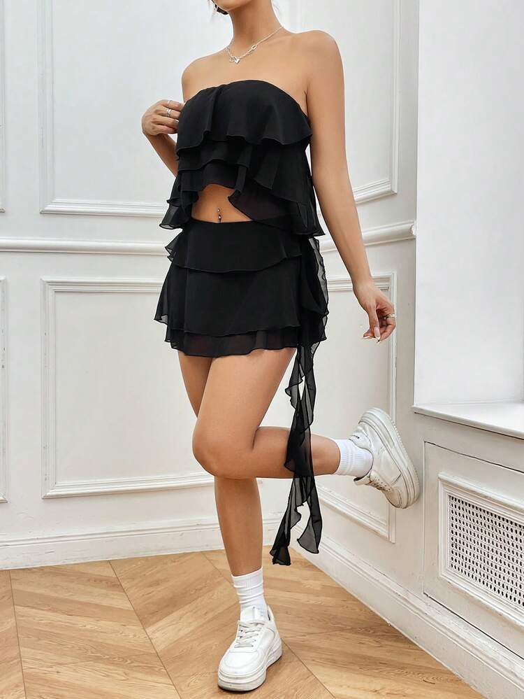 Women's Plain Ruffle Trimmed Tube Top And A-Line Skirt Set