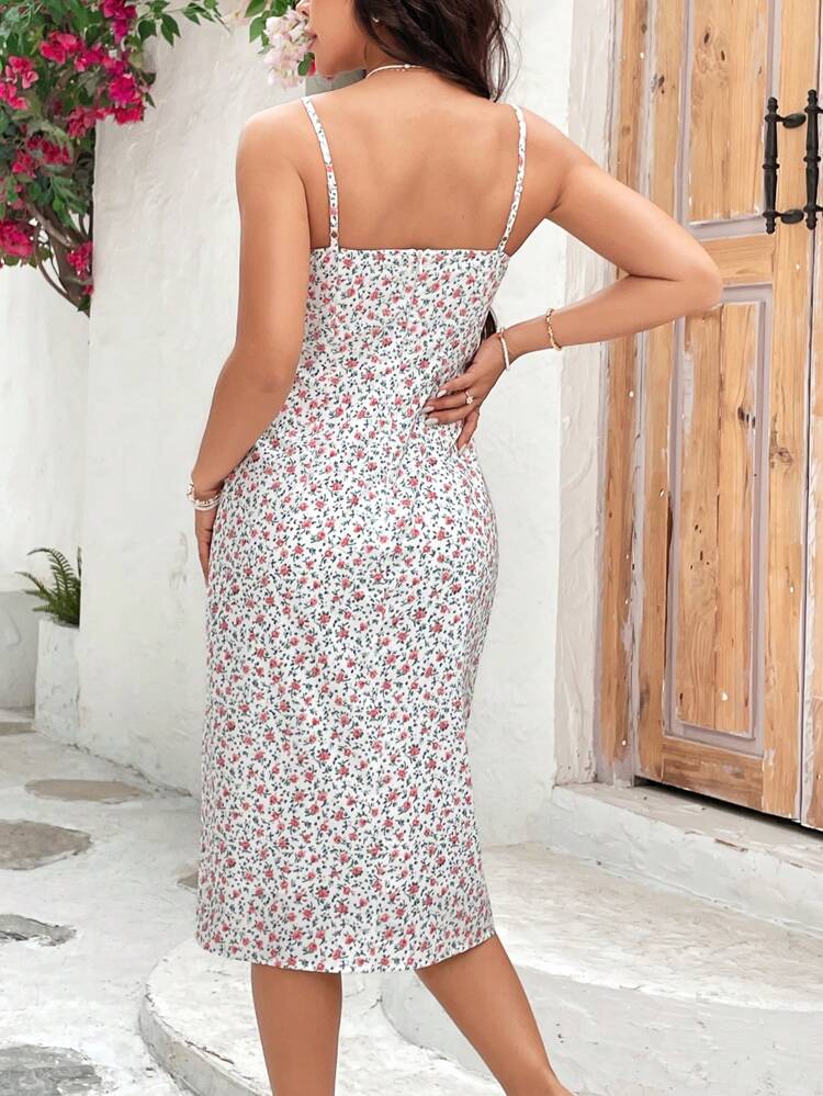 Women's Side Slit Floral Print Spaghetti Strap Dress