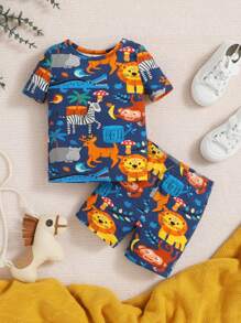 SHEIN Baby Boy Cartoon Animal Print Round Neck Short Sleeve T-Shirt And Shorts Snug Fit Homewear Set - Multicolor - View 1